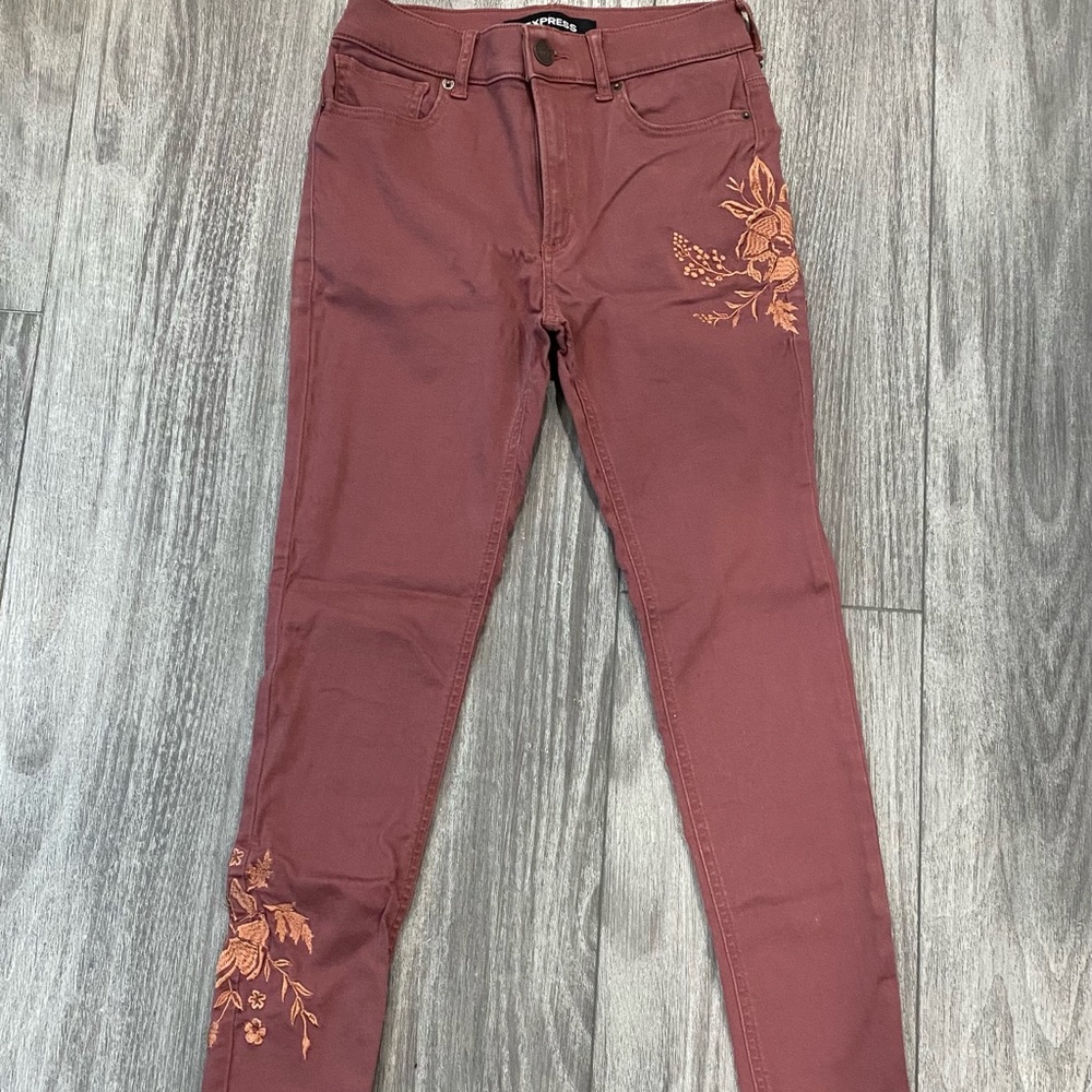Express High Rise Supersoft Rose Gold Embroidered Stretchy Leggings Sz 0 or 2 - Picture 6 of 13